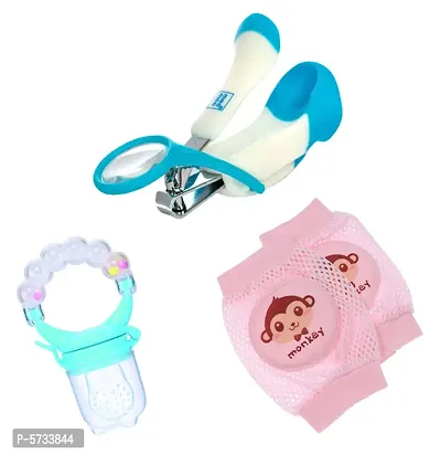 Baby Nail Clipper with Magnifier Safety Nail Cutter Toddler + BPA-Free Silicone Nipple Food Nibbler for Fruits with Rattle Handle+ Crawling Elbow Pads, Anti Slip Padded Elastic Soft Knee Pad