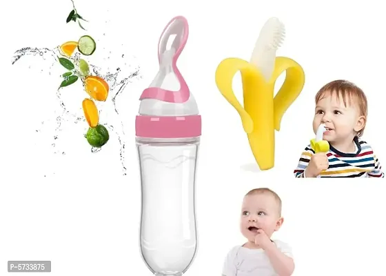 Feeding Spoon with Squeezy food Grade Silicone Feeder bottle For Infant Baby, 90ml, BPA Free And Baby Banana Training Toothbrush Teether