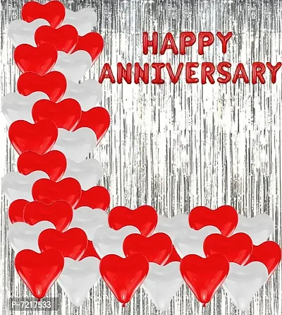 HAPPY ANNIVERSARY FOIL BALLOON, HEART BALLOON 25 WHITE AND 25 RED, SILVER FOIL FRINGE CURTAIN