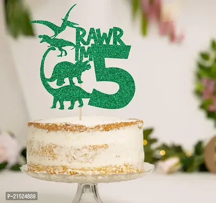 Dinosaur Cake Topper | Green Glitter Rawr I'm 5 Cake Topper for Fifth Birthday | Animal Theme Happy Birthday Cake Decorations | Birthday Party Decorations | Kids Party-thumb0