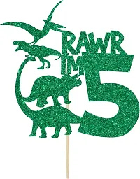 Dinosaur Cake Topper | Green Glitter Rawr I'm 5 Cake Topper for Fifth Birthday | Animal Theme Happy Birthday Cake Decorations | Birthday Party Decorations | Kids Party-thumb1