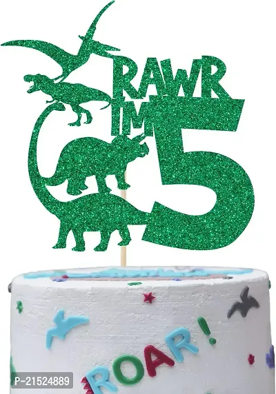 Dinosaur Cake Topper | Green Glitter Rawr I'm 5 Cake Topper for Fifth Birthday | Animal Theme Happy Birthday Cake Decorations | Birthday Party Decorations | Kids Party-thumb4