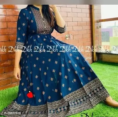 Stylish Blue Rayon Printed Ethnic Gown For Women