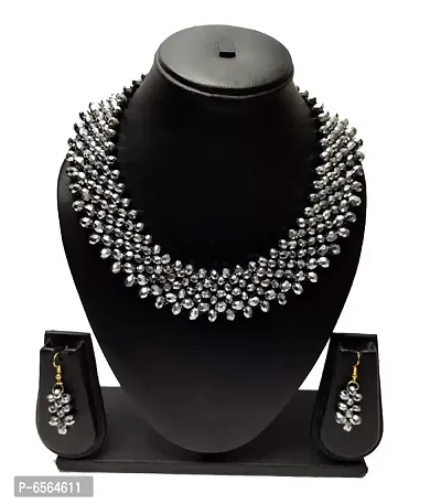 Bridal Party Wear Black Crystal Jewelry Set ( Silver )