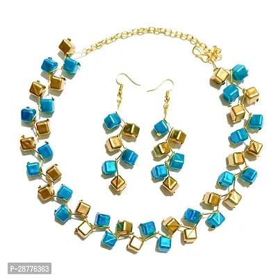 Light Weight Party Wear Jewellery Set For Women ( Brass Gold And Dark Blue)-thumb0