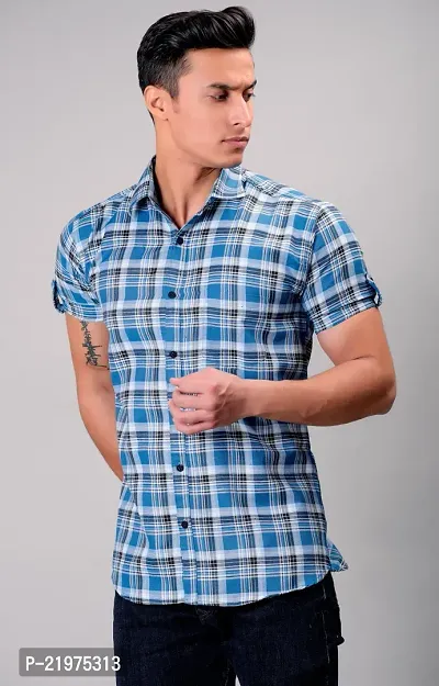 Reliable Blue Cotton Blend Short Sleeves Casual Shirt For Men