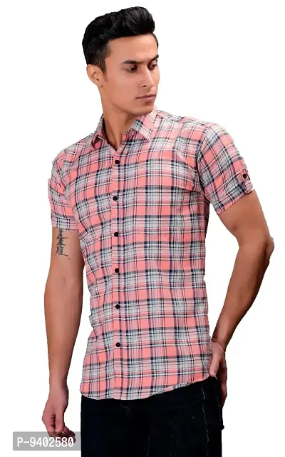 BASE 41 Men's Checkered Slim Fit Casual Shirt(CHK_Broad_Pink_L_Pink_Large)