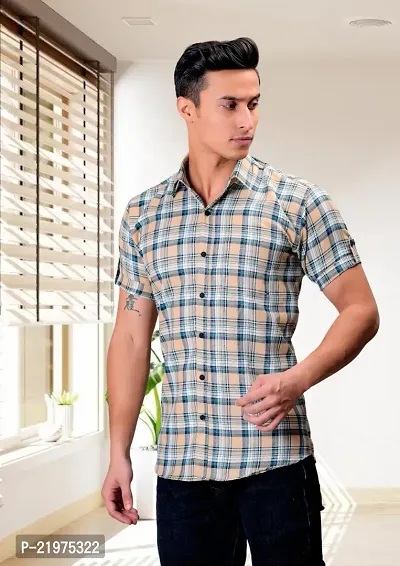 Reliable Beige Cotton Blend Short Sleeves Casual Shirt For Men