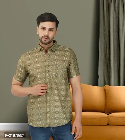 Reliable Green Cotton Blend Short Sleeves Casual Shirt For Men