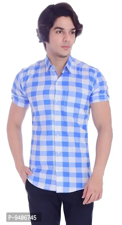 BASE 41 Men's Checkered Half Sleeves Light Blue Shirt(CHK_Shirt_LB_L_Light Blue_Large)-thumb0