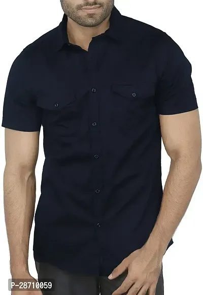 Trendy Blue Cotton Blend Half Sleeve Solid Shirts for Men