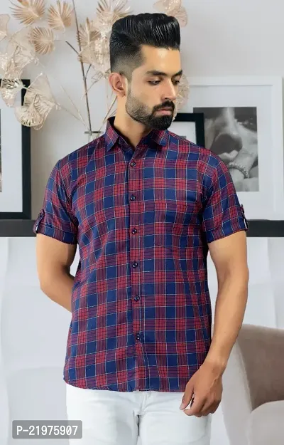 Reliable Red Cotton Blend Short Sleeves Casual Shirt For Men
