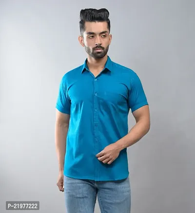 Reliable Blue Cotton Blend Short Sleeves Casual Shirt For Men