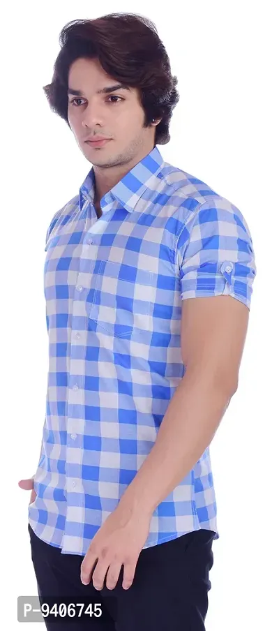 BASE 41 Men's Checkered Half Sleeves Light Blue Shirt(CHK_Shirt_LB_L_Light Blue_Large)-thumb4