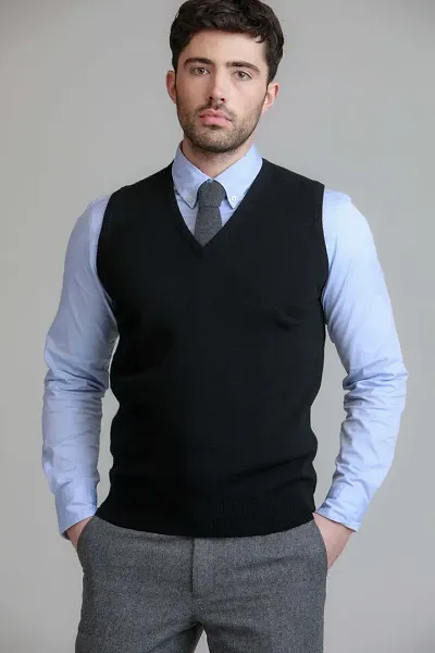 Classic Woolen Solid Sleeveless Sweaters for Men