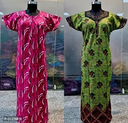 Beautiful Multicoloured Cotton Printed Nighty For Women-Pack Of 2