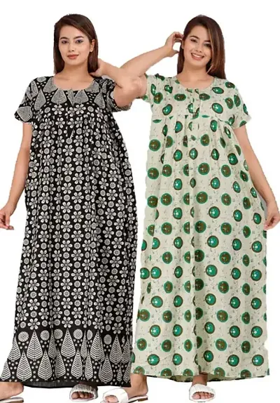 Cotton Collection Women's Wear Pure Cotton Printed Nightgown Cotton Maternity Wear Kaftan Maxi Long Nighty (Combo Pack of 2 Pieces)