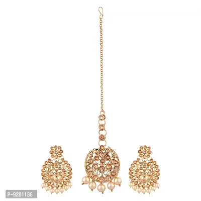 LCD Stone Brown And Golden Pearl Chandbali Earrings With Maangtikka Set