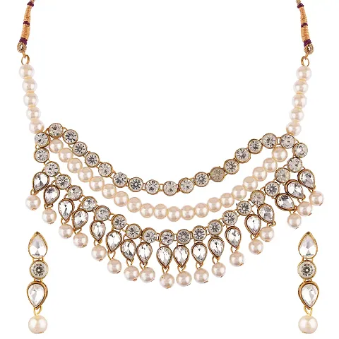 Glamorous Pearl Ethnic Plated Long Choker Necklace Set