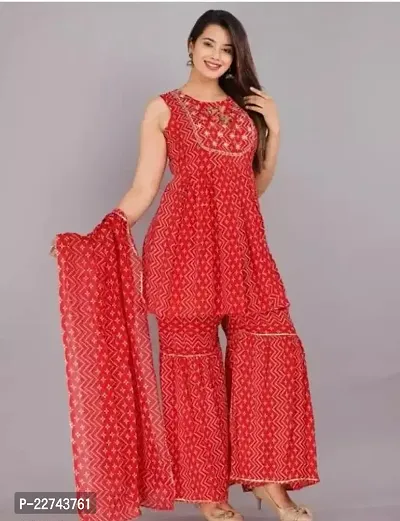 Contemporary Straight Red Self Design Rayon Kurta with Sharara And Dupatta Set For Women-thumb0