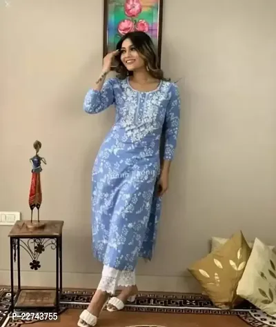 Contemporary Straight Blue Embroidered Rayon Kurta with Pant Set For Women-thumb0