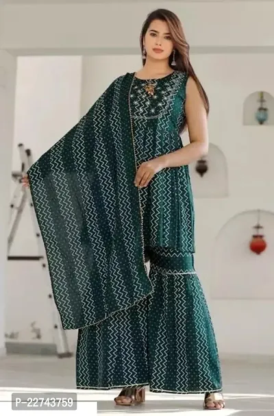 Contemporary Straight Green Self Design Rayon Kurta with Sharara And Dupatta Set For Women-thumb0