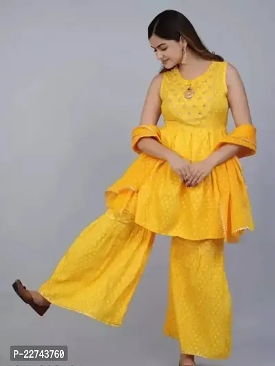 Contemporary Straight Yellow Self Design Rayon Kurta with Sharara And Dupatta Set For Women