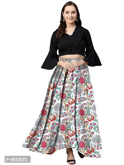 Rudra Fashion Women's Ready to Wear Silk Blend Solid Black Top with Rayon Long Light Blue Skirt Size:-L