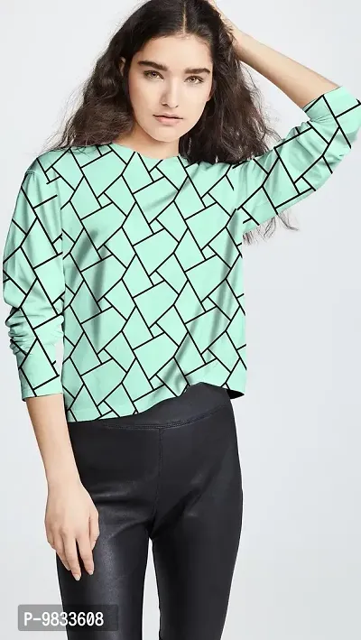 RUDRA FASHION MART Women's Lycra Printed Full Sleeves Round Neck Regular Fit T-Shirt/Tee (Small, Light Green)-thumb2