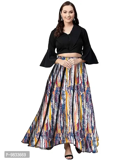 Rudra Fashion Women's Ready to Wear Silk Blend Solid Black Top with Rayon Long Multicolored Skirt Size:-M.