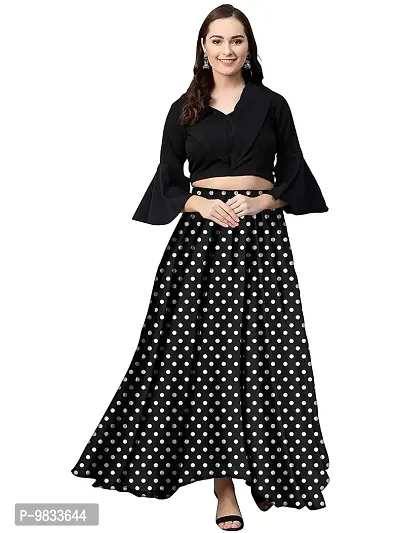 Rudra Fashion Women's Ready to Wear Silk Blend Solid Black Top with Rayon Long Black Skirt Size:-M