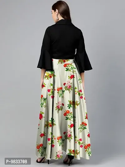 Rudra Fashion Women's Ready to Wear Silk Blend Solid Black Top with Rayon Long Light Green Skirt Size:-M-thumb2