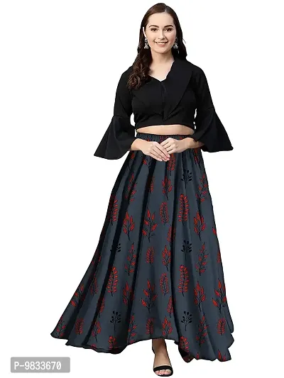 Rudra Fashion Women's Ready to Wear Silk Blend Solid Black Top with Rayon Long Black Skirt Size:-XL-thumb0