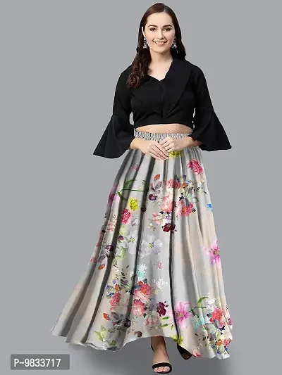 Rudra Fashion Women's Ready to Wear Silk Blend Solid Black Top with Rayon Long Multicolored Skirt Size:-L-thumb3