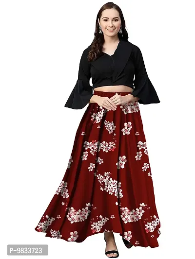 Rudra Fashion Women's Ready to Wear Silk Blend Solid Black Top with Rayon Long Red Skirt Size:-L