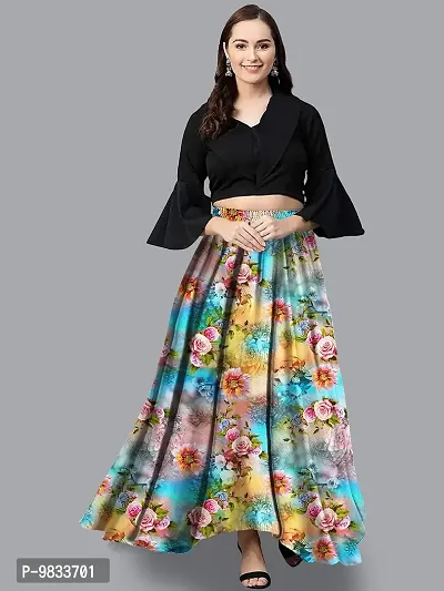 Rudra Fashion Women's Ready to Wear Silk Blend Solid Black Top with Rayon Long Multicolored Skirt Size:-L-thumb3