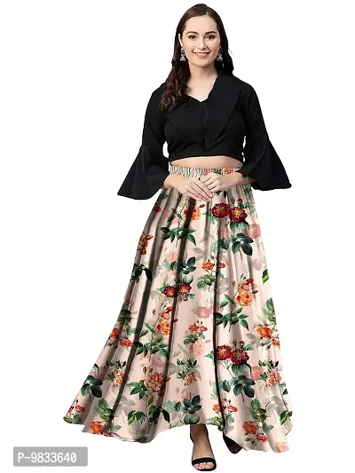 Rudra Fashion Women's Ready to Wear Silk Blend Solid Black Top with Rayon Long Multicolored Skirt Size:-XL-thumb0