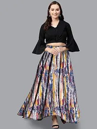 Rudra Fashion Women's Ready to Wear Silk Blend Solid Black Top with Rayon Long Multicolored Skirt Size:-M.-thumb2