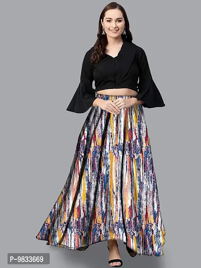 Rudra Fashion Women's Ready to Wear Silk Blend Solid Black Top with Rayon Long Multicolored Skirt Size:-M.-thumb3