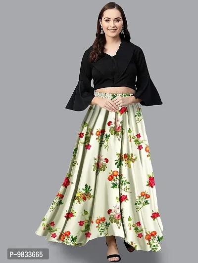 Rudra Fashion Women's Ready to Wear Silk Blend Solid Black Top with Rayon Long Light Green Skirt Size:-L-thumb3