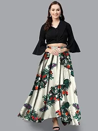 Rudra Fashion Women's Ready to Wear Silk Blend Solid Black Top with Rayon Long Multicolored Skirt Size:-L-thumb2