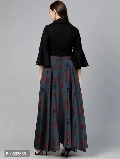 Rudra Fashion Women's Ready to Wear Silk Blend Solid Black Top with Rayon Long Black Skirt Size:-M-thumb3