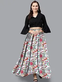 Rudra Fashion Women's Ready to Wear Silk Blend Solid Black Top with Rayon Long Light Blue Skirt Size:-L-thumb1