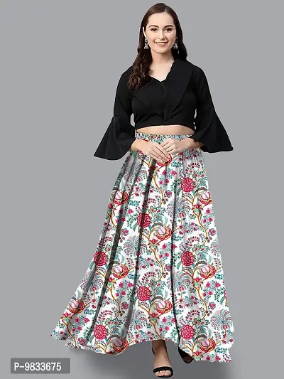Rudra Fashion Women's Ready to Wear Silk Blend Solid Black Top with Rayon Long Light Blue Skirt Size:-L-thumb2
