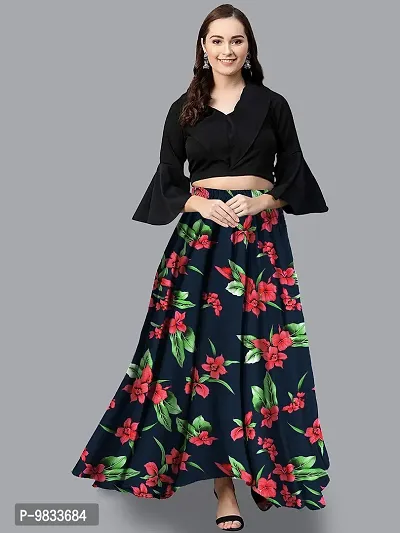 Rudra Fashion Women's Ready to Wear Silk Blend Solid Black Top with Rayon Long Black & Green Skirt Size:-M-thumb3