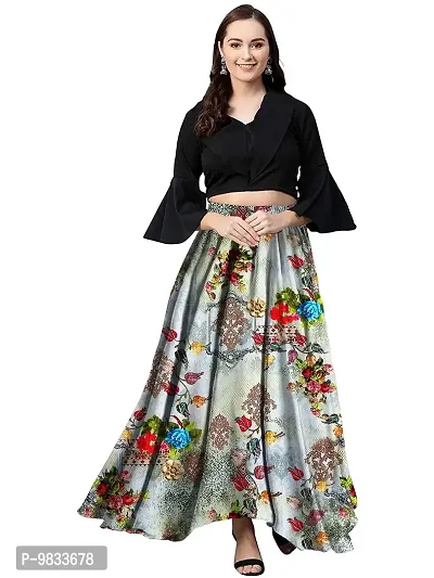 Rudra Fashion Women's Ready to Wear Silk Blend Solid Black Top with Rayon Long Multicolored Skirt Size:-XL