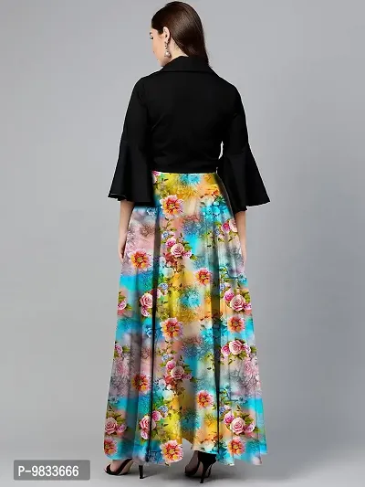 Rudra Fashion Women's Ready to Wear Silk Blend Solid Black Top with Rayon Long Multicolored Skirt Size:-XL-thumb2
