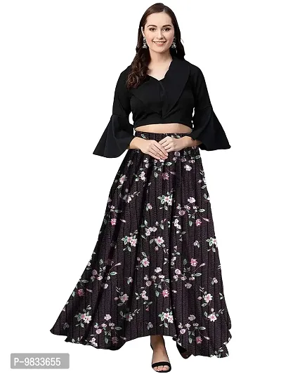 Rudra Fashion Women's Ready to Wear Silk Blend Solid Black Top with Rayon Long Purple Skirt Size:-XL