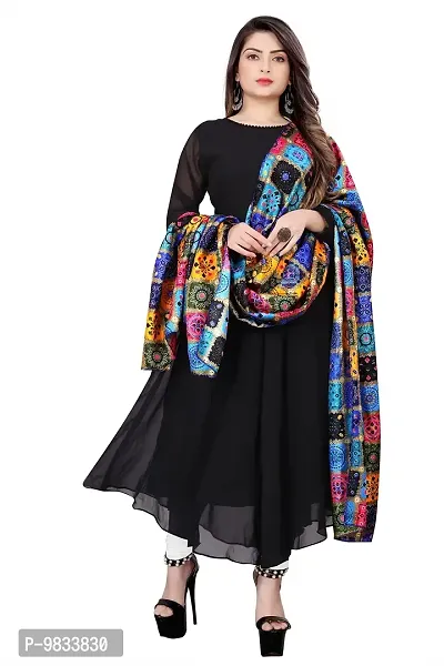 Rudra Fashion Mart Women Anarkali Long Solid Black Kurti Gown With Printed Dupatta Kurta, Latest Georgette Long Ethnic Gown Top Dress For Women And Girls (Xx-Large, Jumping Blue)