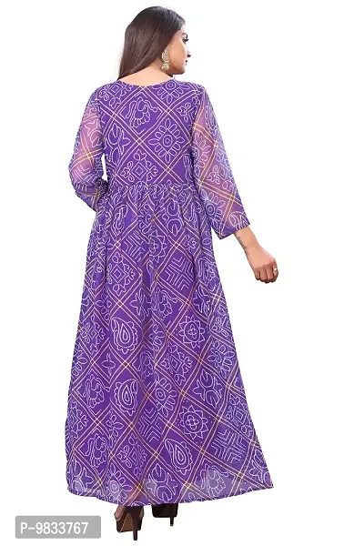 Rudra Fashion Mart Bandhani Women Georgette Printed Anarkali Kurta, Long Kurti Women Top Dress (X-Large, Purple)-thumb3